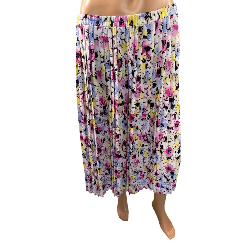 Womens DANA BUCHMAN Midi Skirt L White Floral Pleated Romantic Breezy Artsy Airy